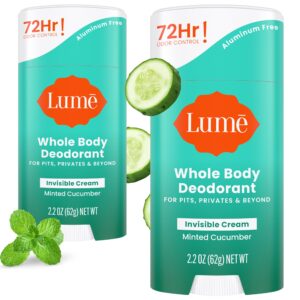 Lume Whole Body Deodorant – Invisible Cream Stick – 72 Hour Odor Control – Aluminum Free, Baking Soda Free, Skin Safe – 2.2 Ounce (Pack of 2) (Minted Cucumber)