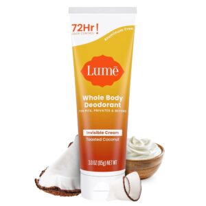 Lume Whole Body Deodorant – Invisible Cream Tube – 72 Hour Odor Control – Aluminum Free, Baking Soda Free, Skin Safe – 3.0 ounce (Toasted Coconut)