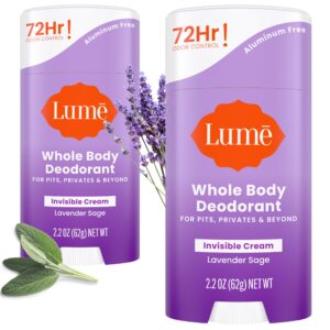 Lume Deodorant Cream Stick – Underarms and Private Parts – Aluminum-Free, Baking Soda-Free, Hypoallergenic, and Safe For Sensitive Skin – 2.2 Ounce (Pack of 2) (Lavender Sage)