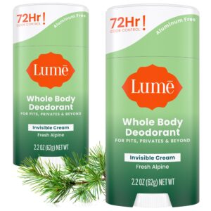Lume Whole Body Deodorant – Invisible Cream Stick – 72 Hour Odor Control – Aluminum Free, Baking Soda Free, Skin Safe – 2.2 Ounce (Pack of 2) (Fresh Alpine)