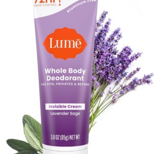 Lume Whole Body Deodorant – Invisible Cream Tube – 72 Hour Odor Control – Aluminum Free, Baking Soda Free, Skin Safe – 3.0 ounce (Lavender Sage)