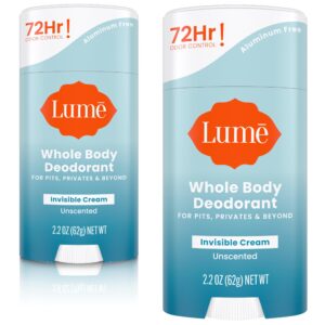 Lume Whole Body Deodorant – Invisible Cream Stick – 72 Hour Odor Control – Aluminum Free, Baking Soda Free, Skin Safe – 2.2 Ounce (Pack of 2) (Unscented)