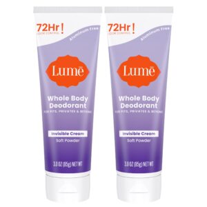 Lume Whole Body Deodorant – Invisible Cream Tube – 72 Hour Odor Control – Aluminum Free, Baking Soda Free, Skin Safe – 3.0 ounce (Pack of 2) (Soft Powder)