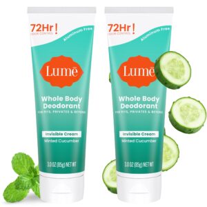 LUME Whole Body Deodorant – Invisible Cream Tube – 72 Hour Odor Control – Aluminum Free, Baking Soda Free, Skin Safe – 3.0 ounce (Pack of 2) (Minted Cucumber)