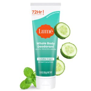 Lume Whole Body Deodorant – Invisible Cream Tube – 72 Hour Odor Control – Aluminum Free, Baking Soda Free, Skin Safe – 3.0 ounce (Minted Cucumber)