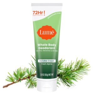 Lume Whole Body Deodorant – Invisible Cream Tube – 72 Hour Odor Control – Aluminum Free, Baking Soda Free, Skin Safe – 3.0 ounce (Fresh Alpine)