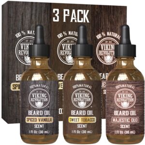 Viking Revolution Beard Oil for Men 3 Pack – Natural Mens Beard Oil Variety Set – Spiced Vanilla, Sweet Tobacco, Majestic Oud – Beard Conditioning and Moisturizing for a Healthy Beard (3 Pack, 1oz)