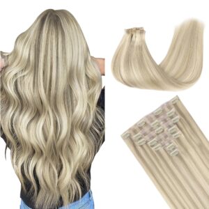 GOO GOO Clip in Hair Extensions Real Human Hair, Remy Human Hair Extensions Clip ins for Women, Natural Human Hair, 24inch 160g 7Pcs, 17A/60A Ash Blonde Highlighted Platinum Blonde