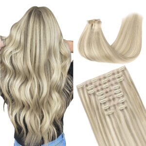 GOO GOO Clip in Hair Extensions Real Human Hair, Remy Human Hair Extensions Clip ins for Women, Natural Human Hair, 14inch 130g 9Pcs, 17A/60A Ash Blonde Highlighted Platinum Blonde