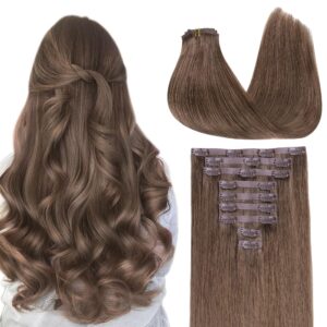 GOO GOO Clip in Hair Extensions Real Human Hair, Remy Human Hair Extensions Clip ins for Women, Natural Human Hair, 14inch 130g 9Pcs, 5 Light Ash Brown