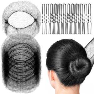 FANDAMEI Hair Nets, U Shaped Hair Pins Set – 20 Invisible Elastic Mesh Nets, 40 Bun Maker Pins for Women, Girls, Ballet Dance (Black)
