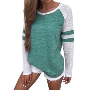 Women’s Long Sleeve T Shirt Casual Round Neck Raglan Color Block Tee Top Fashion Color Block Pullover Tunic Green