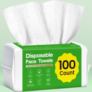 Elvira 100 Count Disposable Face Towels, Biodegradable Facial Cleansing Towels, Ultra Soft & Thick Cloth for Sensitive Skin, Makeup Remover Dry Wipes, Lint-Free Towelettes for Cleansing