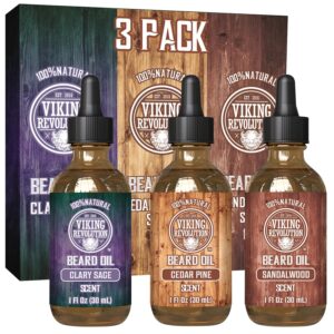 Viking Revolution Beard Oil for Men 3 Pack – Natural Mens Beard Oil Variety Set – Sandalwood, Pine and Cedar, Clary Sage Scents – Beard Conditioning and Moisturizing for a Healthy Beard (3 Pack, 1oz)