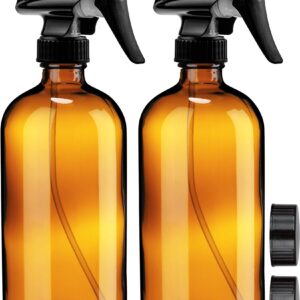 Empty Amber Glass Spray Bottles – 2 Pack – Large 16oz Refillable Bottle is Great for Essential Oils, Plants, Cleaning Solutions, Hair Mister – Durable Nozzle w/Fine Mist and Stream Setting
