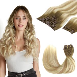 GOO GOO Clip in Hair Extensions Real Human Hair, Remy Human Hair Extensions Clip ins for Women, Natural Human Hair, 18inch 150g 9Pcs, 5A/90/16F Bahamian Balayage