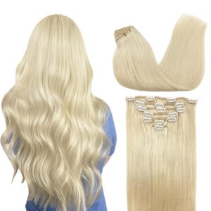 GOO GOO Clip in Hair Extensions Real Human Hair, Remy Human Hair Extensions Clip ins for Women, Natural Human Hair, 14inch 120g 7Pcs, 60A Platinum Blonde