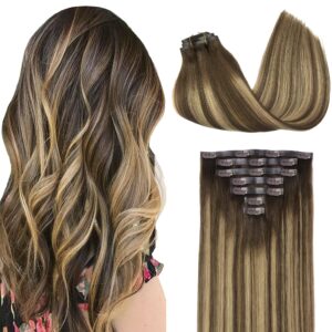 GOO GOO Clip in Hair Extensions Real Human Hair, Remy Human Hair Extensions Clip ins for Women, Natural Human Hair, 24inch 120g 7Pcs, 4/27/4 Balayage Chocolate Brown to Caramel Blonde