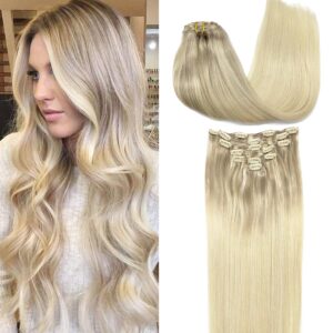 GOO GOO Clip in Hair Extensions Real Human Hair, Remy Human Hair Extensions Clip ins for Women, Natural Human Hair, 12inch 85g 7Pcs, 17/22/60 Balayage Ash Blonde to Golden Blonde and Platinum Blonde