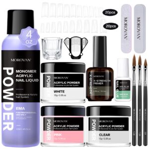 Morovan Acrylic Nail Kit – Monomer Acrylic Powder and Liquid Set for Acrylic Nail Extension 3 Colors Acrylic Nail Powder Professional Nail Kit with Primer Acrylic Brush Glue Nail Forms Tips
