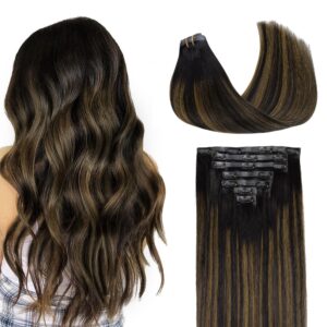 GOO GOO Clip in Hair Extensions Real Human Hair, Remy Human Hair Extensions Clip ins for Women, Natural Human Hair, 14inch 110g 7Pcs, 1B/6/1B Balayage Natural Black to Chestnut Brown