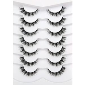 Pooplunch False Eyelashes Cat Eye Lashes Natural Look Wispy Short Fluffy 8D Faux Mink Lashes Wispies Fake Eyelashes Strips 7 Pairs Multipack