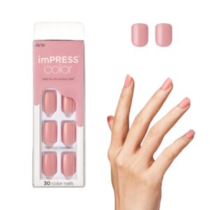 KISS imPRESS No Glue Mani Press On Nails, Color, ‘Pretty Pink’, Pink, Short Size, Squoval Shape, Includes 30 Nails, Prep Pad, Instructions Sheet, 1 Manicure Stick, 1 Mini File