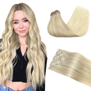 GOO GOO Clip in Hair Extensions Real Human Hair, Remy Human Hair Extensions Clip ins for Women, Natural Human Hair, 24inch 160g 7Pcs, 17/22/60 Balayage Ash Blonde to Golden Blonde and Platinum Blonde