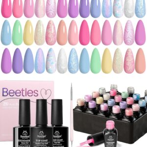 Beetles 24Pcs Gel Nail Polish Set, Pink Purple Pearl Pastel Blue Shimmer Chameleon Green Colors 2025 Spring Gel Polish Kit, 3Pcs Base Top Coat and Double-ended Brush Soak off UV