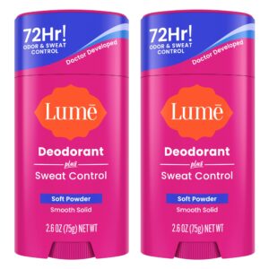 Lume Deodorant Plus Sweat Control – Smooth Solid Stick – Maximum Strength Antiperspirant – 72 Hour Odor And Sweat Control – Baking Soda Free, Skin Loving – 2.6 ounce (Soft Powder) Pack of 2