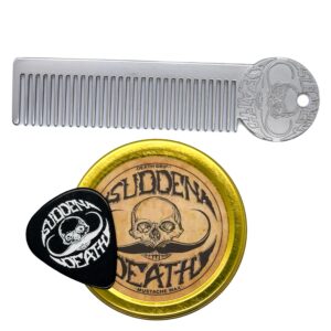 Mustache Wax Strong Hold Sudden Death 1 oz Tin & Platinum Death Grip Mustache Comb Mens Combo Kit – Grooming For Men Handlebar Moustache & Beard Wax Styling