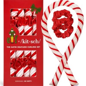 Elf x Kitsch Satin Heatless Hair Curler Set – Heatless Curls Overnight, Hair Rollers for Soft Curls & Frizz-Free Styling, No Heat Curlers To Sleep in, Curling Rod Headband – Candy Cane