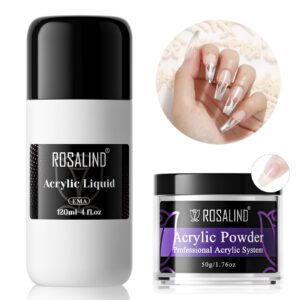 ROSALIND Clear Acrylic Nail Powder 50g/1.76oz Acrylic Clear Powder with Acrylic Liquid> Professional Crystal Polymer Clear Nail Powder Acrylic Nail Caving> Dry Naturally No Nail Lamp Needed