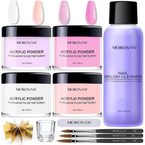 Morovan Acrylic Nail kit – 4pcs Acrylic Powder and Nail Flowers Monomer Set Acrylic Set with Nail Brush Nail Forms for Nail Extension