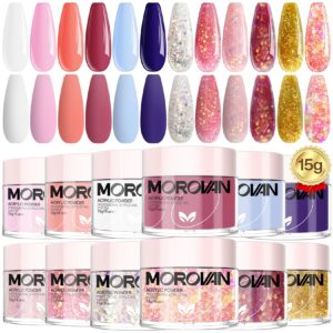 Morovan Acrylic Powder Set: 12 Colors Acrylic Nail Powder Professional Polymer Colored Acrylic Powder Pure Colors and Glitter Nails Powder for Acrylic Nail Extension Carving 15g 0.5fl.Oz