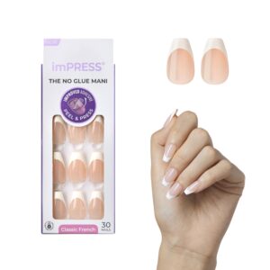 KISS imPRESS No Glue Mani Press-On Nails, French, ‘Ideal’, Light Neutral + White Tip French, Medium Size, Coffin Shape, Includes 30 Nails, Prep Pad, Instructions Sheet, 1 Manicure Stick, 1 Mini File