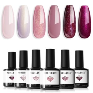 modelones Gel Nail Polish Set, 6 Colors Rose Garden Neutral Nude Pink Gel Polish Burgundy Red Pearl White Shimmer Peach Pink Galaxy Grape-Purple Glitter Nail Polish LED Mothers Day Manicure Gift