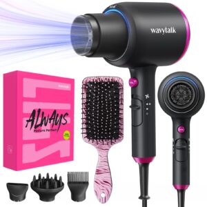Wavytalk Hair Dryer with Diffuser, Blown Away Ionic Hair Dryer with 4 Attachments for All Hair Types, 1875W Blow Dryer with Ceramic Technology, Gift Packaging, Light and Quiet, Black