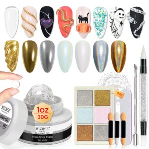 MIZHSE Solid Builder Gel – 1 oz Clear Non Stick Hand Hard Gel with 6 Colors Chrome Nail Powder and Nail Form Extension Kit for Salon and Home DIY