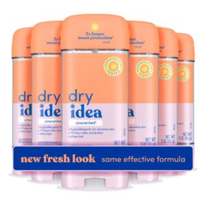 Dry Idea Gel Deodorant & Antiperspirant | 2X Longer Sweat Protection | 72-Hour Odor Protection | Unscented & Hypoallergenic for Sensitive Skin, 3 oz. (6 count)