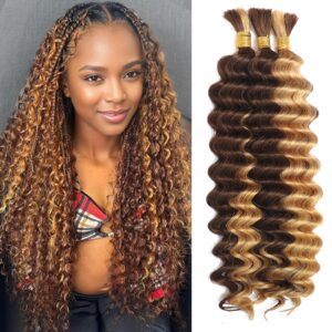 Human Braiding Hair for Boho Braids Human Hair 3 Bundles/Pack 110g 18 Inch Deep Wave Bulk Human Hair for Braiding Curly Knotless 12A Brazilian Virgin Ombre Balayage