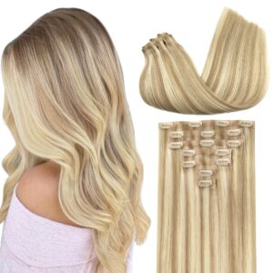 GOO GOO Clip in Hair Extensions Real Human Hair, Remy Human Hair Extensions Clip ins for Women, Natural Human Hair, 14inch 110g 7Pcs, 18A/613A Dark Blonde Highlighted Bleach Blonde