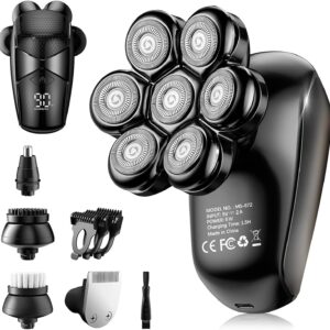 Detachable Head Shavers, SHPAVVER 5 in 1 Electric Razor IPX7 Waterproof for Bald Men, Wet Dry LED Display Rechargeable 7D Rotary Shaver Grooming Kit with Type C Charge A