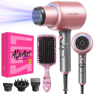 Wavytalk Hair Dryer with Diffuser, Blown Away Ionic Hair Dryer with 4 Attachments for All Hair Types, 1875W Blow Dryer with Ceramic Technology, Gift Packaging, Light and Quiet, Rose Gold