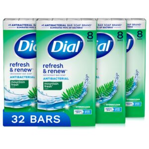 Dial Antibacterial Bar Soap, Refresh & Renew, Mountain Fresh, 4 oz, 32 Bars