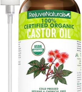 RejuveNaturals Castor Oil (16oz Glass Bottle) USDA Certified Organic, 100% Pure, Cold Pressed, Hexane Free. Boost Hair Growth for Thicker, Fuller Hair, Lashes & Eyebrows.