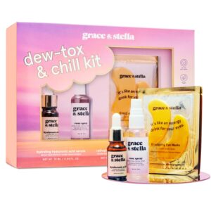 grace & stella Award-Winning Mothers Day Gifts for Mom, Birthday Gifts for Women – Travel Essentials with Gold Eye Masks, Hyaluronic Acid Serum & Rose Spray – Vegan Skin Care Set – Bachelorette Party