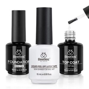 Beetles 3Pcs 15ml Gel Polish Top Coat Base Coat and Liquid Peel Off Latex Set No Wipe Base Top Coat Soak Off Uv LED Nail Lamp Finish Nails Cuticle Guard Nail Art Design Manicure Kit Nail Shine Gifts