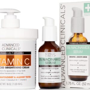 Advanced Clinicals Brightening Vitamin C Cream + 5% Niacinamide Serum W/Hyaluronic Acid 2pc Set | Vitamin C Body Lotion Moisturizer & Dark Spot Remover Face Serum | Skin Care Products, 2pc Bundle
