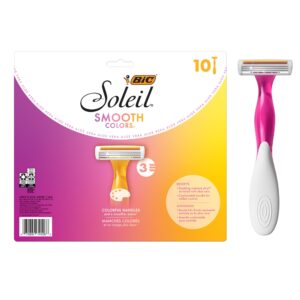 BIC Soleil Smooth Colors Women’s Disposable Razors With Aloe Vera and Vitamin E Lubricating Strip for Enhanced Glide, With 3 Blades, 10 Count